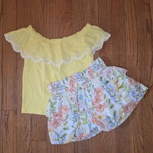 Gymboree Yellow Ruffle Off-Shoulder Top with Floral Skort Set Girls Size 6